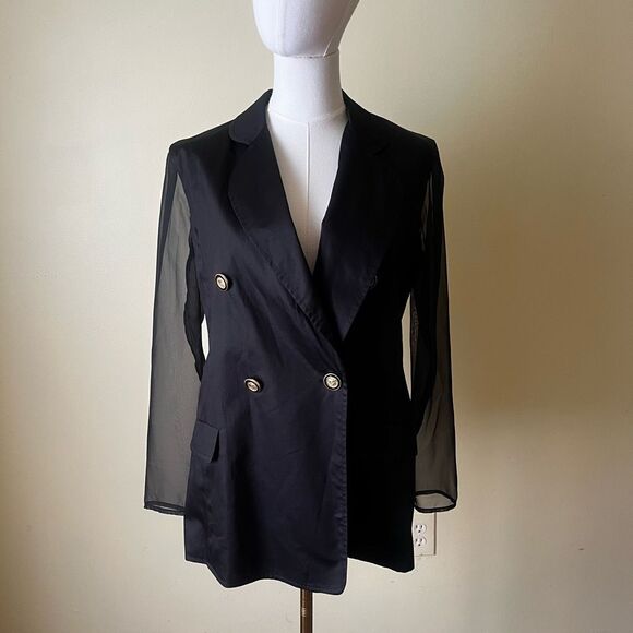 Vintage Bloomingdales Black Double Breasted Blazer Sheer Sleeves Gold Buttons 10 - Picture 8 of 8
